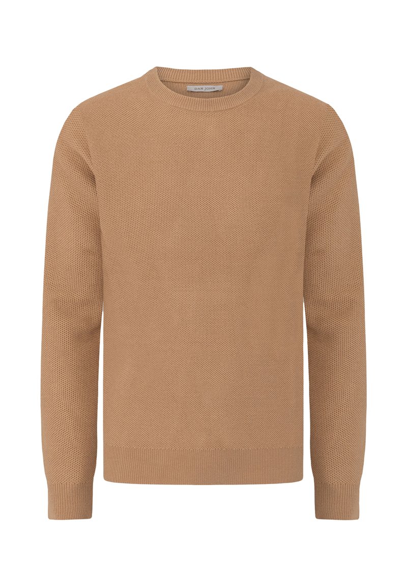 Lys brun strikket sweater med rund halsudskæring, lange ærmer, ribbestrikkede mansjetter og kant, der har et tekstureret vævemønster.