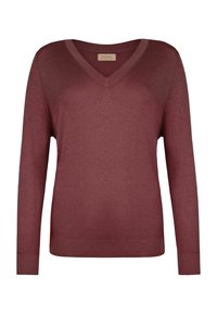 Pull en cachemire bordeaux à manches longues et col en V, avec des poignets et un ourlet côtelés, présenté sur un fond blanc uni.