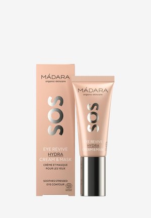 MÁDARA SOS Eye Revive Hydra Cream & Mask with metallic cap and matching blush-pink box, for soothing stressed eye contour.