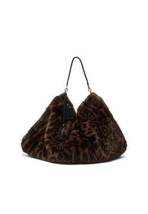 Sac à main en fausse fourrure imprimé léopard marron et noir avec une bandoulière en cuir noire et une petite étiquette en cuir suspendue ainsi qu'un charm.
