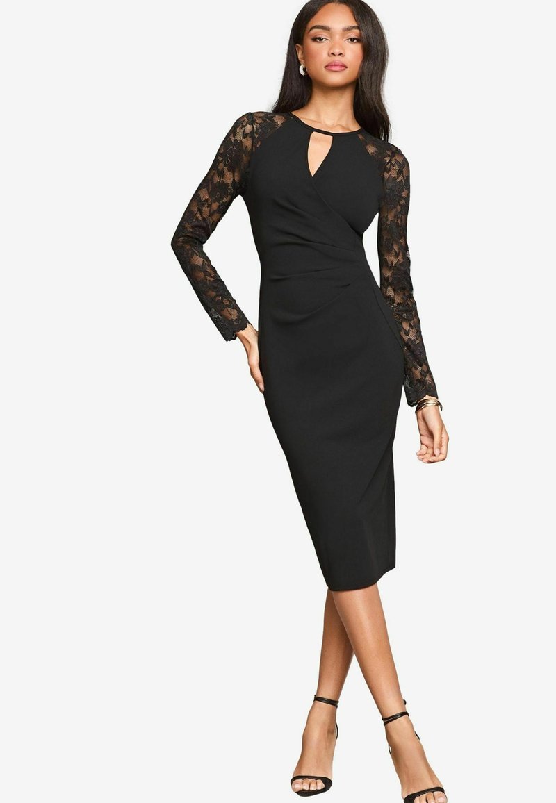 Lipsy KEYHOLE RUCHED LONG SLEEVE BODYCON MIDI  - Denní šaty - black