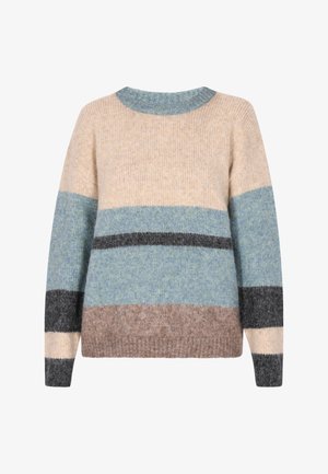 Megzta megztinis su horizontaliais dryžiais kremine, tamsiai mėlyna, pilka ir ruda spalvomis. Apvalus iškirpimas, guma ant rankovių ir apačios, minkšta tekstūra.