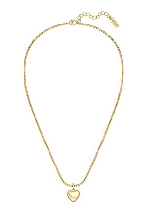 Collar de cadena de oro con un colgante en forma de corazón suave. La cadena tiene un acabado texturizado con un cierre de langosta y un extensible.