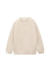 Beige Strickpullover mit Rundhalsausschnitt, langen Ärmeln und zwei Knöpfen an der linken Schulter. Strukturierter Stoff mit Rippdetails.