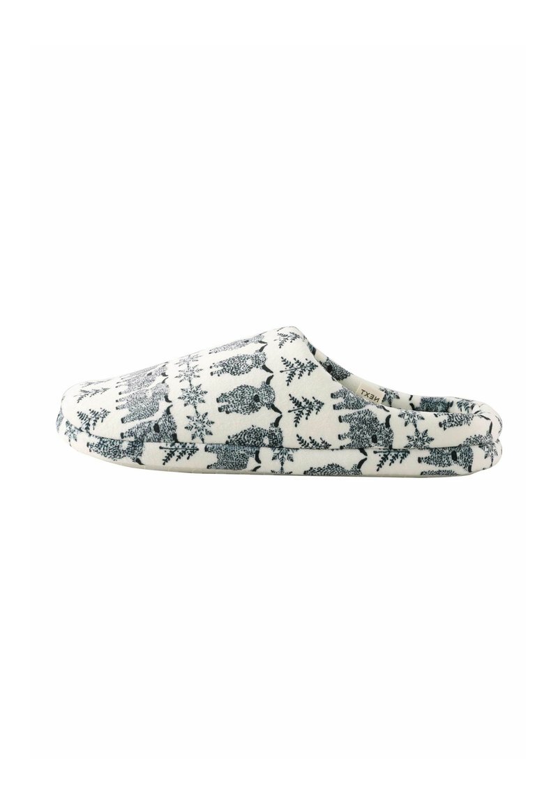 Gesloten pantoffel in crème met een blauw patroon van bosdieren. Zachte stof bovenkant, ronde neus en gevoerde zool voor comfort.