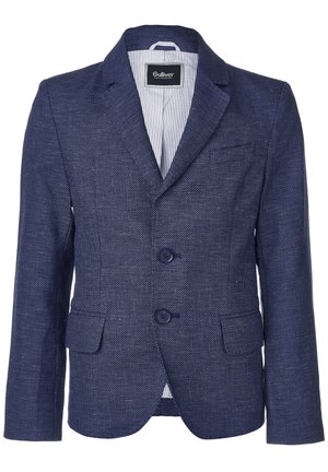 Marineblå tekstureret drengeblazer med hakkede revers, to knapper foran, klaplommer og stribet inderfor.
