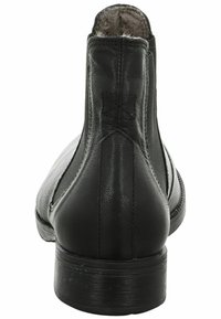 Botas de tobillo de cuero negro con un acabado suave, paneles laterales elásticos y punta redondeada. Presentan un tacón bajo y resistente y una suela texturizada.