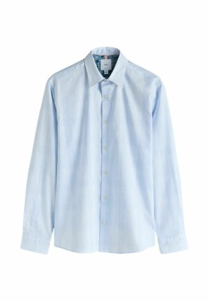 Hellblaues Hemd mit langen Ärmeln, Knopfleiste, feinem Strukturmuster, weiter Kragenform und floraler Innenfutterverzierung. Mit weißen Knöpfen versehen.