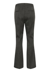 Grijze flared broek van textuurstof met een subtiel streeppatroon, voorzien van een middelhoge tailleband en twee achterzakken.