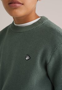 Zaļš teksturēts adīts džemperis ar ribotu apkakli, ar nelielu izšūtu logotipu uz krūtīm. Klasisks apaļā kakla dizains.