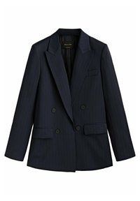 Veste croisée bleu marine à fines rayures, revers crantés, poches à rabat et quatre boutons noirs à l’avant.