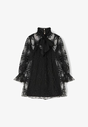 Abito nero trasparente con ricami floreali, collo alto, dettaglio con fiocco e maniche arricciate. Presenta chiusura con bottoni e design a strati.