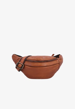 Braune Leder-Gürteltasche mit Reißverschluss und verstellbarem Riemen mit Metallschnalle auf weißem Hintergrund.