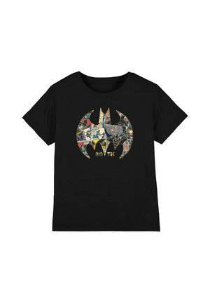 Black t-shirt with a large Batman logo filled with colorful comic strip panels and "80TH" text below the logo.