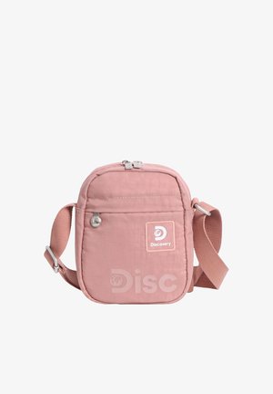 Kleine, staubig pinkfarbene Umhängetasche mit verstellbarem Riemen, vordere Reißverschlusstasche sowie "Discovery"-Logo-Patch und geprägtem Text.