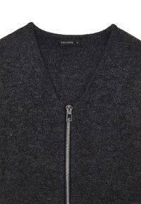 Pull en laine gris foncé avec col en V et fermeture éclair argentée, étiqueté "Calliope" taille petite.