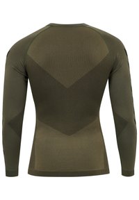 Långärmad träningsskjorta i olivgrön, med texturerat zigzagmönster och figurnära design. Tillverkad av elastisk tyg för komfort.