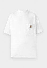 White cotton t-shirt with a round neck, short sleeves, and a chest pocket featuring a logo patch. Minimalist design and seamless texture.