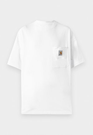 White cotton t-shirt with a round neck, short sleeves, and a chest pocket featuring a logo patch. Minimalist design and seamless texture.
