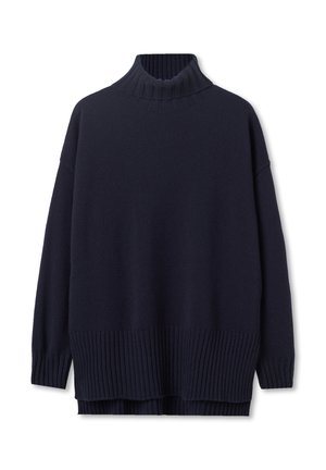 Maglione a collo alto navy con texture a coste, vestibilità ampia e spalle scese. Presenta un orlo e polsini a coste spessi per un aspetto accogliente.