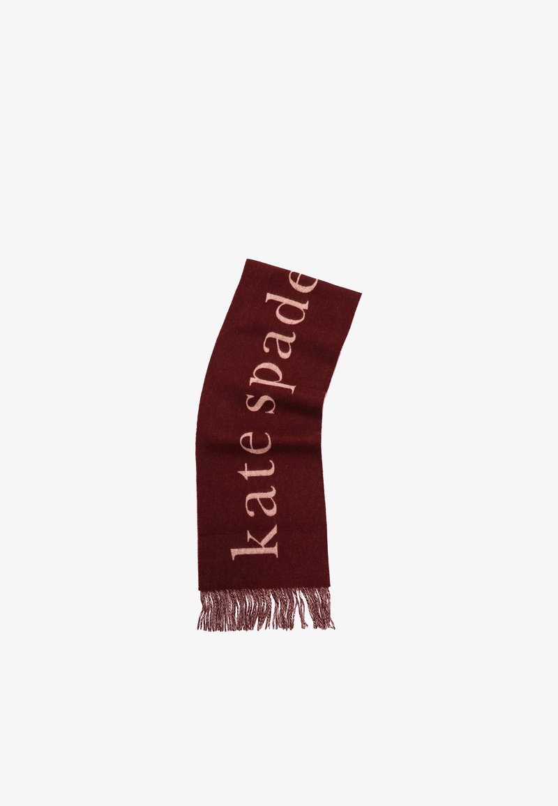 Sciarpa bordeaux realizzata in tessuto morbido, con la scritta "kate spade" in rosa chiaro, e dettagli con frange alle estremità.