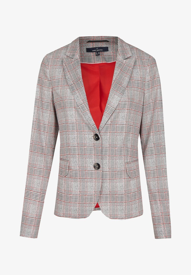 Veste blazer à carreaux avec des lignes noires et rouges, deux boutons noirs et une doublure intérieure rouge vif visible sur le devant.
