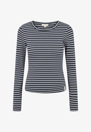 Long-sleeve striped top in navy and light gray. Features a round neckline and a slim fit with a soft, ribbed texture.