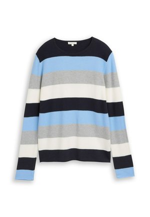 Gestreepte trui in marineblauw, lichtblauw, grijs en wit. Gemaakt van een zachte gebreide stof met een ronde hals en lange mouwen.