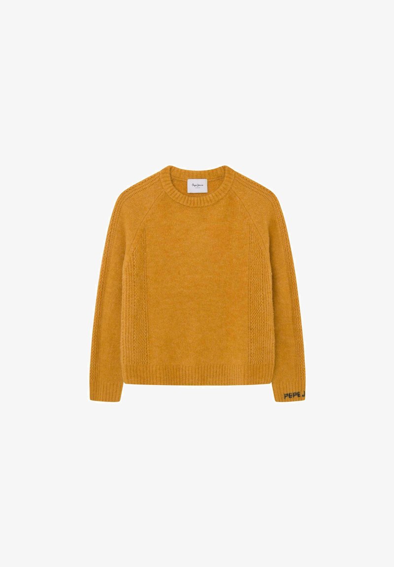 Żółty sweter z dzianiny z prążkowanym okrągłym dekoltem, rękawami raglanowymi, teksturowanymi panelami bocznymi oraz czarnym logotypem "PEPE" na mankiecie.