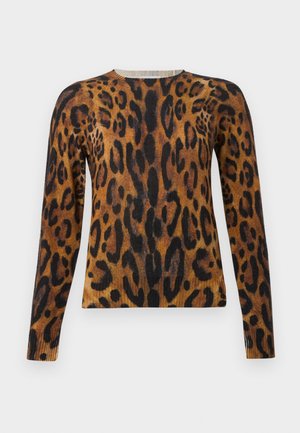 Leopardmönstrad tröja med rund halsringning och långa ärmar. Tillverkad av mjukt tyg i bruna och svarta nyanser med ribbade kanter.