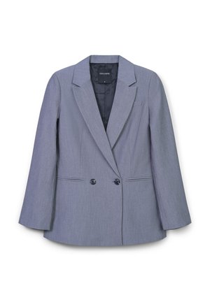 Blazer grigio doppiopetto con rever strutturati, due tasche frontali e bottoni neri; tessuto liscio con trama sottile; etichetta del marchio visibile.
