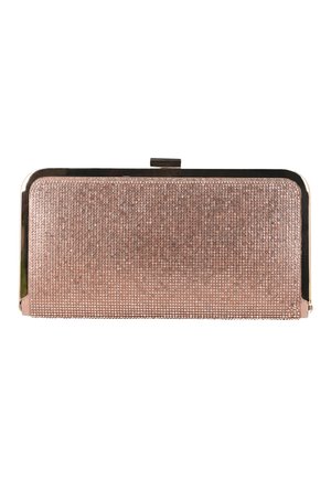 Rechthoekige clutch van roségoud met fonkelende strass steentjes en een metalen sluiting aan de bovenzijde, afgebeeld tegen een witte achtergrond.