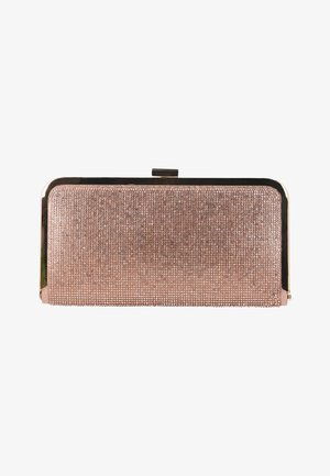 Clutch rettangolare in oro rosa con strass scintillanti e chiusura a cornice metallica nella parte superiore, su sfondo bianco.