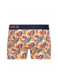 Costumi da bagno con stampa floreale multicolore, dotati di una cintura elastica navy con la scritta "JONES" in rosa. Realizzati in tessuto liscio con una vestibilità aderente.