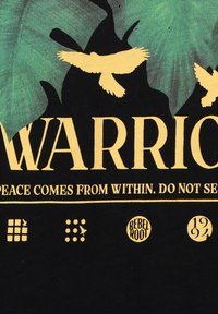 Żółte ptaki latają nad słowem "WARRIOR" z fragmentem tekstu "Pokój pochodzi z wnętrza. Nie se" na czarnym tle.