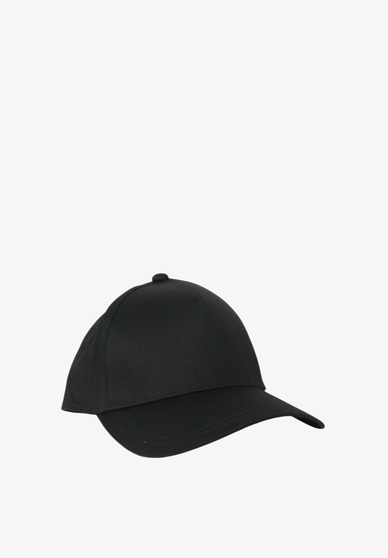 Cappellino da baseball nero con corona arrotondata, tessuto liscio e visiera curvata. Presenta nessun logo o decorazione visibile.
