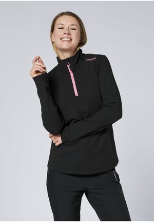 Schwarzer Fleece-Pullover mit hohem Kragen, ausgestattet mit einem pinkfarbenen Reißverschluss und Logo. Glatte Textur, lange Ärmel und modernes Design, geeignet für Sportbekleidung.