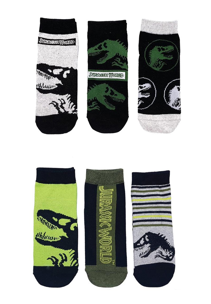 Sechs Paar Socken mit Dinosaurierdesigns in Farben wie Schwarz, Grün und Grau. Enthält Muster und "Jurassic World"-Markierung.
