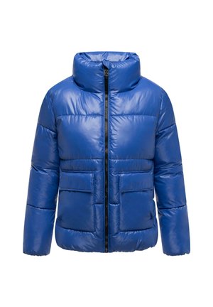 Sinine puhvjakas kõrge kraega, lukuga ees ja kahe esi-taskuga. Valmistatud läikivast, siledast materjalist, millel on horisontaalne õmblus.