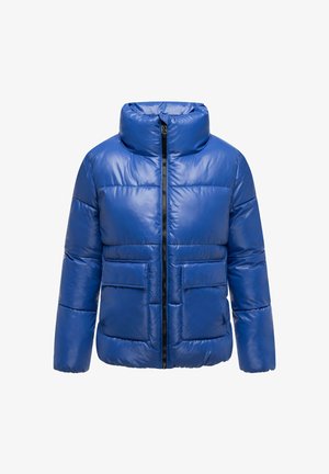 Blue puffer jacket with a high collar, zip front, and two front pockets. Made of shiny, smooth material with horizontal stitching.