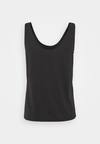 Débardeur noir sans manches avec un large col rond, en tissu lisse, présentant une coupe décontractée et des détails de couture subtils le long de l'ourlet.