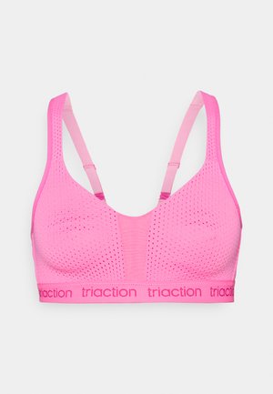 Roosa sportrinnahoidja, millel on võrgumuster väikeste avadega, laiad rihmad ja bränditud rihm. Sile tekstuur ja sportlik lõige.