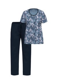 Top a maniche corte con motivo floreale in blu e bianco, colletto rotondo, abbinato a pantaloni della tuta in blu scuro con vita elastica. Tessuto leggero.