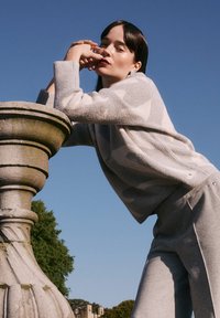 Hellgrauer Strickpullover mit einem strukturierten Muster, kombiniert mit passenden grauen Hosen. Das Model posiert im Freien vor einer dekorativen Steinsäule.