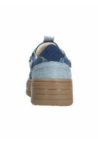 Denim sneakers met een lichtblauwe en donkerblauwe kleurenschema, met textuurstof, versterkte stiksels en een lichtbruine rubberen zool, weergegeven van achteren.