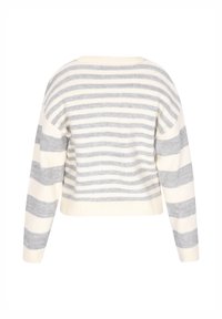 Gestrickter Pullover mit breiten grauen und cremefarbenen Streifen, verkürztem Design, gerippten Bündchen und Saum, weicher Textur, rundem Ausschnitt und lässiger Passform.