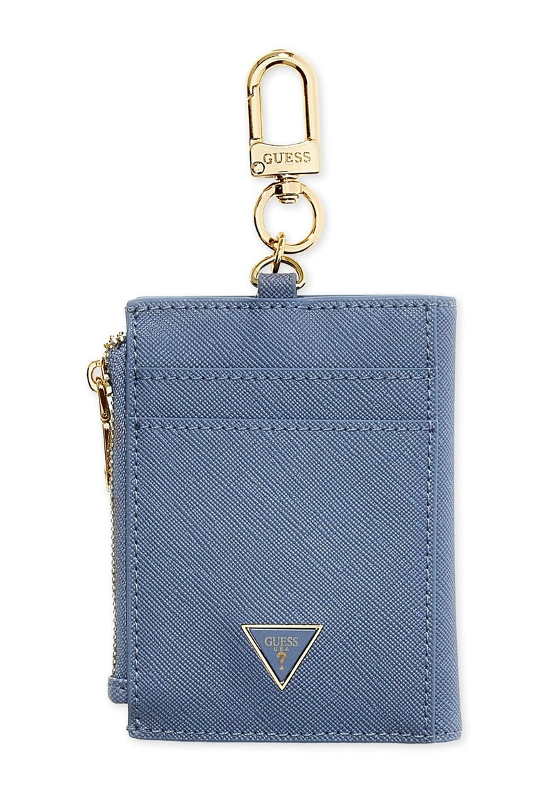 Porta carte di credito blu con texture, scomparto con zip, accessori dorati e clip per l'attacco. Dotato di tre fessure per carte e dettaglio con logo.