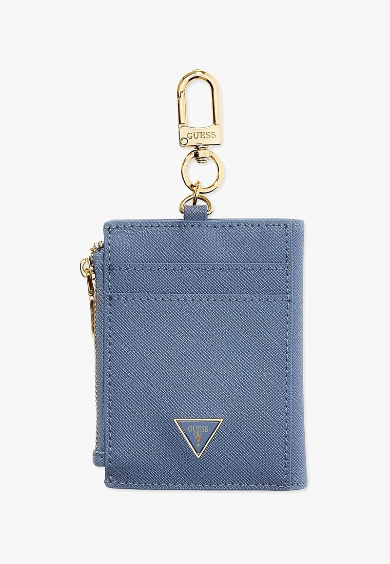 Porta carte di credito blu con texture, scomparto con zip, accessori dorati e clip per l'attacco. Dotato di tre fessure per carte e dettaglio con logo.