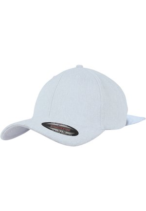 Gray fabric baseball cap with a curved visor, textured surface, and a logo patch on the front. Rear panel is white. Adjustable fit.