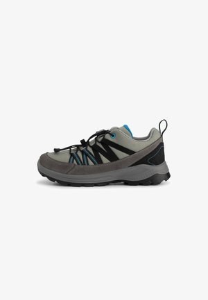 Grey and black hiking shoe with blue accents, elastic laces, padded collar, and pull tab on a white background.